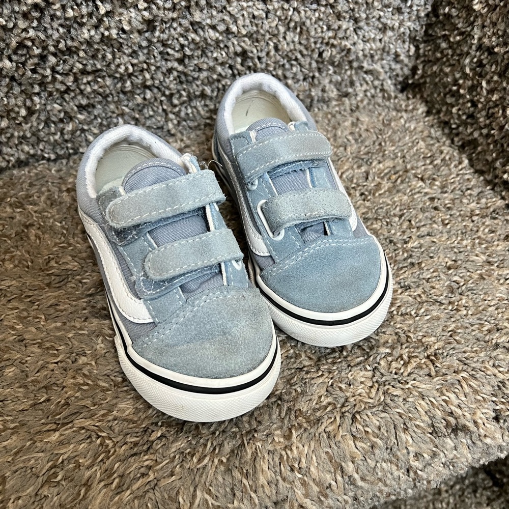 Kids Blue and White Velcro Vans Sneakers